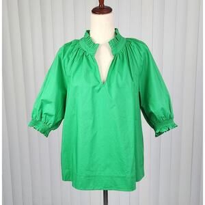 Avara Merrick Top Short Sleeve V-Neck Ruffled Stand Collar Green Size Large